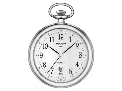 Tissot T-Pocket Taschenuhr Lepine Quarz Edelstahl 49mm weißes Zifferblatt – Taschenuhren Quarz Taschenuhr aus Edelstahl. Das Gehäuse ist rund und silber. Das Armband ist silber. Das Zifferblatt ist arabisch und weiß.