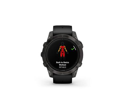 Garmin epix Pro Sapphire Titan carbongrau beschichtet 47 mm Kautschukband schwarz – Herrenuhren Uhr Multifunktion aus DLC beschichtet, Kautschuk und Titan. Das Gehäuse ist rund und schwarz. Das Kautschuk / Kunststoff / Silikon Armband ist schwarz. Das Zifferblatt ist digital und schwarz. – Ansicht 2