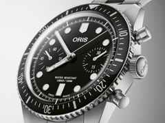 Oris Divers Sixty-Five Chronograph Automatik Edelstahl 40mm schwarzes Zifferblatt Metallband – Herrenuhren Chronograph aus Edelstahl. Das Gehäuse ist rund und silber. Das Edelstahlarmband ist silber. Das Zifferblatt ist ein Index in schwarz. – Ansicht 2