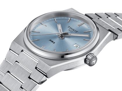 Tissot PRX Quarz Edelstahl 35mm blaues Zifferblatt Metallband – Damenuhren Uhr mit Datum aus Edelstahl. Das Gehäuse ist rund und silber. Das Edelstahlarmband ist silber. Das Zifferblatt ist ein Index in blau. – Ansicht 4