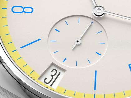 Nomos Glashütte Tangente 38 Datum "175 Years Watchmaking - Lemonbiscuit" Handaufzug Edelstahl cremeweißes Zifferblatt graues Textilband Glasboden – Herrenuhren Uhr mit Datum aus Edelstahl. Das Gehäuse ist rund und silber. Das Textilarmband ist grau. Das Zifferblatt ist arabisch Index und beige. – Ansicht 5