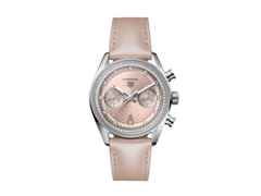 TAG Heuer Carrera Chronograph Automatik Edelstahl 39mm rosa Zifferblatt mit Diamanten rosa Lederband – Damenuhren Chronograph aus Edelstahl. Das Gehäuse ist rund und silber. Das Lederarmband Kroko / Alligator ist rosa. Das Zifferblatt ist ein Index in rosa.
