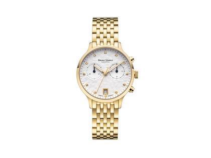 Bruno Söhnle Glashütte Bologna Chronograph Quarz Edelstahl Gelbgold-IP 35mm weißes Zifferblatt mit Brillanten Metallband – Damenuhren Chronograph aus Edelstahl und IP beschichtet. Das Gehäuse ist rund und gelbgold. Das Edelstahlarmband ist gelbgold. Das Zifferblatt ist ein Index in weiß.