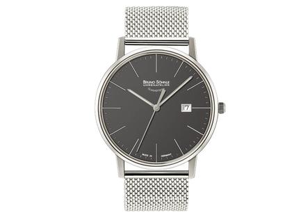 Bruno Söhnle Glashütte Stuttgart I BIG Quarz grau Index Milanaiseband – Herrenuhren Uhr mit Datum aus Edelstahl und Leder. Das Gehäuse ist rund und silber. Das Edelstahlarmband ist silber. Das Zifferblatt ist ein Index in grau.