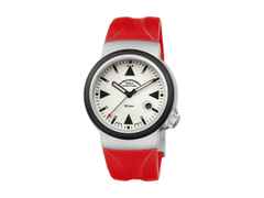 Mühle Glashütte S.A.R. Rescue-Timer LUMEN Automatik 42mm beiges Zifferblatt rotes Kautschukband – Herrenuhren Uhr mit Datum aus Edelstahl und Kautschuk. Das Gehäuse ist rund und silber. Das Kautschuk / Kunststoff / Silikon Armband ist rot. Das Zifferblatt ist ein Index in weiß.