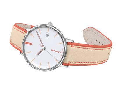 Junghans FORM Damen Quarz Edelstahl 34mm weißes Zifferblatt oranges Lederband – Damenuhren Uhr mit Datum aus Edelstahl. Das Gehäuse ist rund und silber. Das Lederarmband ist orange. Das Zifferblatt ist ein Index in weiß. – Ansicht 2