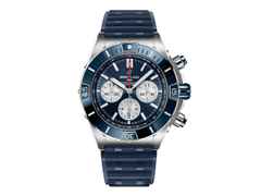 Breitling Super Chronomat B01 44 Automatik Edelstahl blaues Zifferblatt blaues Kautschukband – Herrenuhren Chronograph aus Edelstahl. Das Gehäuse ist rund und silber. Das Kautschuk / Kunststoff / Silikon Armband ist blau. Das Zifferblatt ist ein Index in blau.