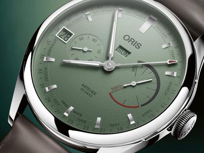 Oris Artelier Calibre 113 Handaufzug Edelstahl 43mm grünes Zifferblatt braunes Lederband – Herrenuhren Uhr mit Kalender aus Edelstahl und Leder. Das Gehäuse ist rund und silber. Das Lederarmband ist braun. Das Zifferblatt ist ein Index in grün. – Ansicht 2