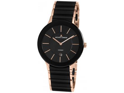 Jacques Lemans Quarz Dublin Datum Keramik schwarz  IP rosé Edelstahl schwarz Edelstahlband – Herrenuhren Uhr mit Datum aus Edelstahl, IP beschichtet und Keramik. Das Gehäuse ist rund und roségold. Das vergoldetes Edelstahlarmband ist schwarz. Das Zifferblatt ist ein Index in schwarz.