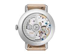 Nomos Glashütte Metro neomatik 35 Champagner Automatik Edelstahl 35mm beiges Zifferblatt beiges Lederband – Damenuhren Uhr ohne Datum aus Edelstahl. Das Gehäuse ist rund und silber. Das Lederarmband ist braun. Das Zifferblatt ist arabisch Index und beige. – Ansicht 3