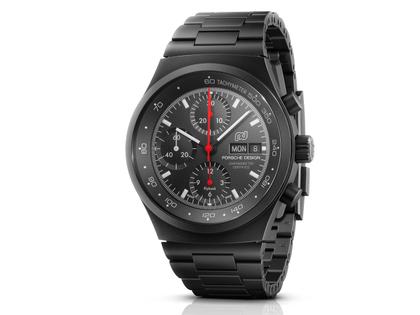 Porsche Design Chronograph 1 - 50 Jahre 911 Turbo Edition Automatik Titan 40mm schwarzes Zifferblatt Metallband und Textilband limitiert – Herrenuhren Chronograph aus Titan und Titancarbid beschichtet. Das Gehäuse ist rund und schwarz. Das Titanarmband ist schwarz. Das Zifferblatt ist arabisch Index und schwarz. – Ansicht 4