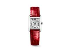Longines DolceVita   Mini Quarz Edelstahl 22x29mm silbernes Zifferblatt rotes Lederband – Damenuhren Uhr ohne Datum aus Edelstahl und Leder. Das Gehäuse ist rechteckig und silber. Das Lederarmband Kroko / Alligator ist rot. Das Zifferblatt ist römisch und silber.