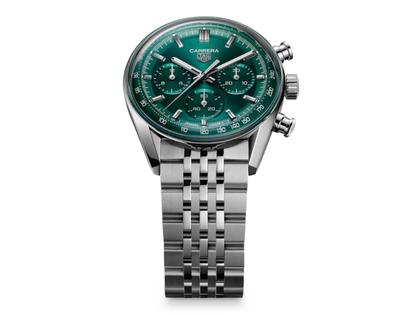 TAG Heuer Carrera Chronograph Automatik Edelstahl 41mm grünes Zifferblatt Metallband – Herrenuhren Chronograph aus Edelstahl. Das Gehäuse ist rund und silber. Das Edelstahlarmband ist silber. Das Zifferblatt ist ein Index in grün. – Ansicht 3
