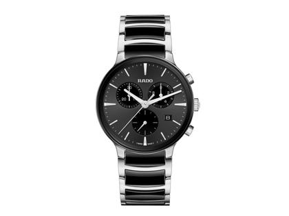 Rado Centrix Chronograph Quarz Edelstahl 41mm schwarzes Zifferblatt schwarzes Keramikband – Herrenuhren Chronograph aus Edelstahl und Keramik. Das Gehäuse ist rund und silber. Das Keramikarmband ist schwarz. Das Zifferblatt ist ein Index in schwarz.