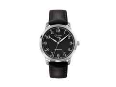Glashütte Original Senator Excellence Automatik Edelstahl 40mm schwarzes Zifferblatt schwarzes Lederband – Herrenuhren Uhr ohne Datum aus Edelstahl. Das Gehäuse ist rund und silber. Das Lederarmband ist braun. Das Zifferblatt ist arabisch und schwarz.