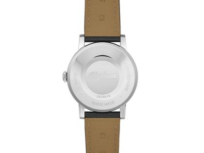 Alpina Heritage Automatik Edelstahl 38mm silberfarbenes Zifferblatt schwarzes Lederband – Herrenuhren Uhr ohne Datum aus Edelstahl und Leder. Das Gehäuse ist rund und silber. Das Lederarmband ist schwarz. Das Zifferblatt ist arabisch Index und silber. – Ansicht 3