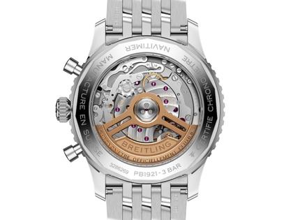 Breitling Navitimer B19 Chronograph 43 Perpetual Calendar Automatik Edelstahl graues Zifferblatt Metallband – Herrenuhren Chronograph aus 950 Platin und Edelstahl. Das Gehäuse ist rund und silber. Das Edelstahlarmband ist silber. Das Zifferblatt ist ein Index in grau. – Ansicht 2