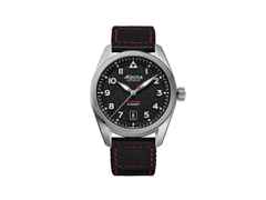 Alpina Startimer Pilot Automatik Edelstahl 40mm schwarzes Zifferblatt schwarzes Textilband – Herrenuhren Uhr mit Datum aus Edelstahl. Das Gehäuse ist rund und silber. Das Textilarmband ist schwarz. Das Zifferblatt ist arabisch Index und schwarz.