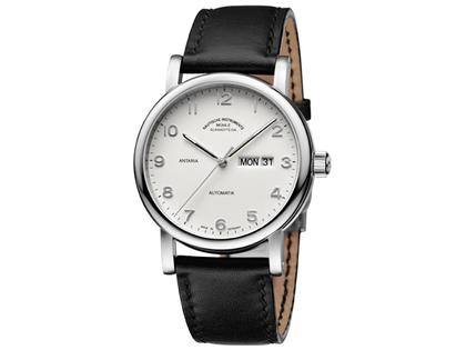 Mühle Glashütte Antaria Tag Datum weiß – Herrenuhren Uhr mit Datum aus Edelstahl. Das Armband ist ein Lederarmband. Der Zifferblatt ist arabisch.