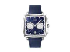 Union Glashütte Averin Chronograph Automatik Edelstahl 41mm blaues Zifferblatt blaues Kautschukband blaues Lederband – Herrenuhren Chronograph aus Edelstahl, Kautschuk und Leder. Das Gehäuse ist quadratisch und silber. Das Lederarmband ist grau. Das Zifferblatt ist ein Index in blau.