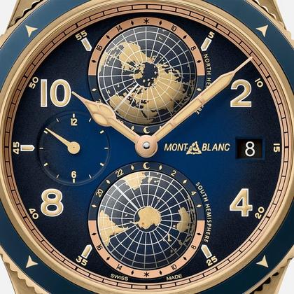 Montblanc 1858 Automatic Geosphere Bronze Messner Limited Edition blau – Herrenuhren Uhr mit Datum aus Bronze. Das Gehäuse ist rund und roségold. Das Textilarmband ist blau. Das Zifferblatt ist arabisch Index und blau. – Ansicht 2