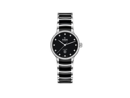Damenuhren Uhr mit Datum aus Edelstahl und Keramik. Das Gehäuse ist rund und silber. Das Keramikarmband ist schwarz. Das Zifferblatt ist ein Index in schwarz.