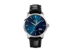 Glashütte Original Senator Excellence Panoramadatum Automatik Edelstahl 42mm blaues Zifferblatt schwarzes Lederband – Herrenuhren Uhr mit Datum aus Edelstahl. Das Gehäuse ist rund und silber. Das Lederarmband Kroko / Alligator ist schwarz. Das Zifferblatt ist ein Index in blau.