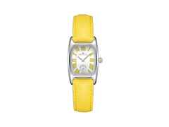 Hamilton American Classic Boulton Small Second M Quarz Edelstahl weißes Zifferblatt gelbes Lederband – Herrenuhren Uhr ohne Datum aus Edelstahl und Leder. Das Gehäuse ist rechteckig und silber. Das Lederarmband ist gelb. Das Zifferblatt ist römisch und weiß.