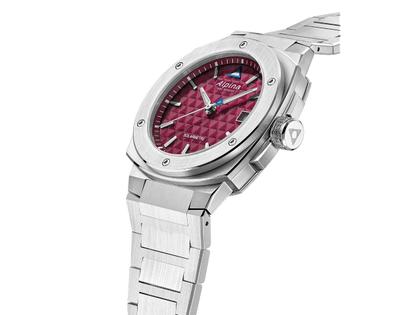 Alpina Alpiner Extreme Solarmetre Quarz Edelstahl 38mm bordeauxfarbenes Zifferblatt Metallband – Herrenuhren Uhr mit Datum aus Edelstahl. Das Gehäuse ist rund und silber. Das Edelstahlarmband ist silber. Das Zifferblatt ist ein Index in rot. – Ansicht 2