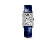 Longines DolceVita  Medium Quarz Edelstahl 23x37mm silbernes Zifferblatt römisch mit Brillanten blaues Lederband – Damenuhren Uhr ohne Datum aus Edelstahl. Das Gehäuse ist rechteckig und silber. Das Lederarmband Kroko / Alligator ist blau. Das Zifferblatt ist römisch und silber.
