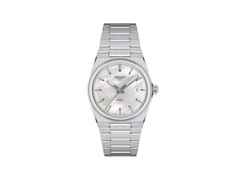 Tissot PRX Quarz Edelstahl 35mm weißes Perlmutt-Zifferblatt Metallband – Damenuhren Uhr mit Datum aus Edelstahl. Das Gehäuse ist rund und silber. Das Edelstahlarmband ist silber. Das Zifferblatt ist ein Index in weiß.