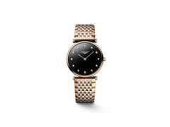 Longines La Grande Classique Quarz Edelstahl Roségold-PVD 29mm schwarzes Zifferblatt mit Diamanten Metallband – Damenuhren Uhr ohne Datum aus Edelstahl und PVD beschichtet. Das Gehäuse ist rund und roségold. Das vergoldetes Edelstahlarmband ist silber-roségold. Das Zifferblatt ist römisch und schwarz.