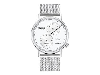 Bruno Söhnle Glashütte Rondo Herrenuhr   Automatik Regulator Edelstahl weiß Metallband Milanaise – Herrenuhren Uhr mit Datum aus Edelstahl. Das Gehäuse ist rund und silber. Das Edelstahlarmband ist silber. Das Zifferblatt ist arabisch Index und weiß.