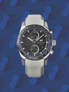 Porsche Design Custom Built Timepieces Watchmakers Choice "LuganoBlau" Chronograph Automatik Titan 42mm schwarzes Zifferblatt graues Lederband – Herrenuhren Chronograph aus Edelstahl, Leder und Titan. Das Gehäuse ist rund und grau. Das Lederarmband ist grau. Das Zifferblatt ist ein Index in schwarz. – Ansicht 5
