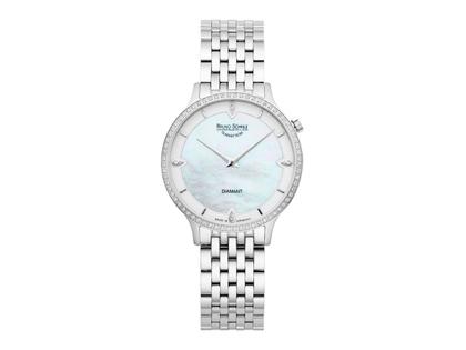 Bruno Söhnle Glashütte Bologna III Quarz Edelstahl 35mm Brillantlünette weißes Perlmutt-Zifferblatt Metallband – Damenuhren Uhr ohne Datum aus Edelstahl. Das Gehäuse ist rund und silber. Das Edelstahlarmband ist silber. Das Zifferblatt ist ein Index in weiß.