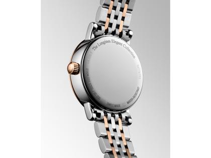 Longines Elegant Collection Quarz Edelstahl 30mm weißes Perlmutt-Zifferblatt zweifarbiges Metallband – Damenuhren Uhr mit Datum aus 750 Gelbgold, Edelstahl und vergoldet. Das Gehäuse ist rund und silber. Das Edelstahlarmband mit Gold ist silber-roségold. Das Zifferblatt ist ein Index in weiß. – Ansicht 3
