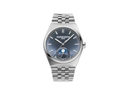 Frederique Constant Highlife Moonphase Date Manufacture Automatik Edelstahl 39mm blaues Zifferblatt Metallband und blaues Lederband – Herrenuhren Uhr mit Datum aus Edelstahl und Leder. Das Gehäuse ist rund und silber. Das Edelstahlarmband ist silber. Das Zifferblatt ist ein Index in blau.