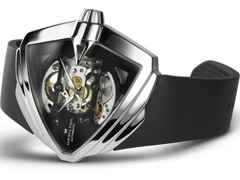 Hamilton Ventura XXL Skeleton Automatic Edelstahl 46x46mm skelettiertes Zifferblatt schwarzes Kautschukband – Herrenuhren Uhr ohne Datum aus Edelstahl und Kautschuk. Das Gehäuse ist sonstige Form und silber. Das Kautschuk / Kunststoff / Silikon Armband ist schwarz. Das Zifferblatt ist skelettiert und schwarz. – Ansicht 3