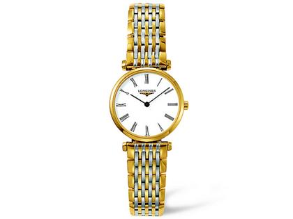 Longines La Grande Classique Damenuhr XS goldfarben römisch Metallband bicolor – Damenuhren Uhr ohne Datum aus Edelstahl und PVD beschichtet. Das Armband ist ein vergoldetes Edelstahlarmband. Der Zifferblatt ist römisch.