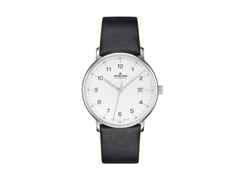 Junghans FORM A Datum Automatik Edelstahl 39mm silbernes Zifferblatt schwarzes Lederband – Herrenuhren Uhr mit Datum aus Edelstahl. Das Gehäuse ist rund und silber. Das Lederarmband ist schwarz. Das Zifferblatt ist arabisch und silber.