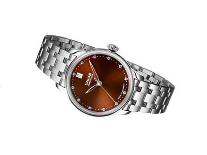 Union Glashütte Seris  Datum Damenuhr braunes Zifferblatt und Brillanten Edelstahlband – Damenuhren Uhr mit Datum aus Edelstahl und Leder. Das Gehäuse ist rund und silber. Das Edelstahlarmband ist silber. Das Zifferblatt ist ein Index in braun. – Ansicht 2