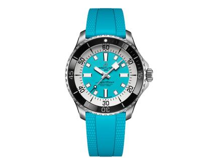 Breitling Superocean Automatic 44 Edelstahl türkises Zifferblatt türkises Kautschukband – Herrenuhren Uhr ohne Datum aus Edelstahl und Keramik. Das Gehäuse ist rund und silber. Das Kautschuk / Kunststoff / Silikon Armband ist türkis. Das Zifferblatt ist ein Index in türkis.