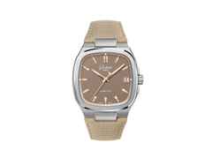 Glashütte Original Seventies Vintage Kollektion Tweed Amp Automatik Edelstahl 39x39mm beiges Zifferblatt beiges Kautschukband – Herrenuhren Uhr mit Datum aus 750 Rotgold, Edelstahl und Kautschuk. Das Gehäuse ist quadratisch und silber. Das Kautschuk / Kunststoff / Silikon Armband ist beige. Das Zifferblatt ist ein Index in beige.