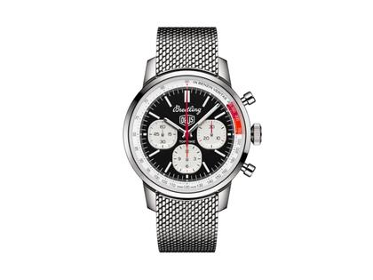 Breitling Top Time B01 Deus Automatik Edelstahl 41mm schwarzes Zifferblatt Metallband – Herrenuhren Chronograph aus Edelstahl. Das Gehäuse ist rund und silber. Das Edelstahlarmband ist silber. Das Zifferblatt ist ein Index in schwarz.