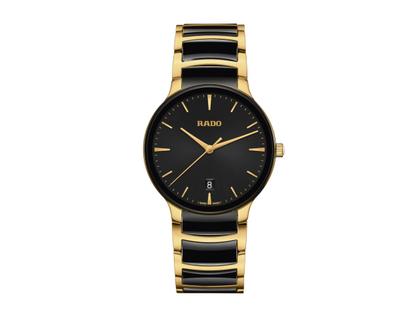 Rado Centrix Quarz Edelstahl Gelbgold-PVD 39,5mm schwarzes Zifferblatt Metallband – Herrenuhren Uhr mit Datum aus Edelstahl, Keramik und PVD beschichtet. Das Gehäuse ist rund und schwarz. Das Keramikarmband ist mehrfarbig. Das Zifferblatt ist ein Index in schwarz.