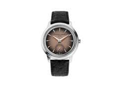 Frederique Constant Classics Moneta Handaufzug Edelstahl 38,5mm braunes Zifferblatt schwarzes Lederband limitiert – Herrenuhren Uhr ohne Datum aus Edelstahl und Leder. Das Gehäuse ist rund und silber. Das Lederarmband ist schwarz. Das Zifferblatt ist ein Index in braun.