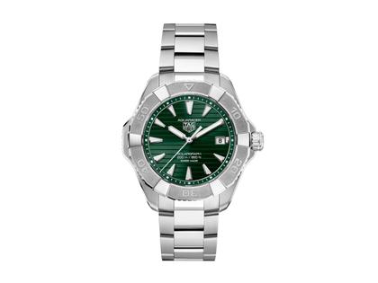 TAG Heuer Aquaracer Professional 200 Solargraph Quarz Edelstahl 40mm grünes Zifferblatt Metallband – Herrenuhren Uhr mit Datum aus Edelstahl. Das Gehäuse ist rund und silber. Das Edelstahlarmband ist silber. Das Zifferblatt ist ein Index in grün.