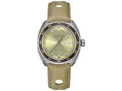 Hamilton American Classic Pan Europ Day Date Automatik Edelstahl 42 mm grünes Zifferblatt grünes Lederband – Herrenuhren Uhr mit Datum aus Edelstahl und Leder. Das Gehäuse ist rund und silber. Das Lederarmband ist grün. Das Zifferblatt ist ein Index in grün.