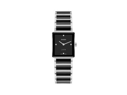 Damenuhren Uhr ohne Datum aus Edelstahl und Keramik. Das Gehäuse ist rechteckig und silber. Das Keramikarmband ist schwarz. Das Zifferblatt ist ein Index in schwarz.