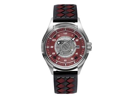 UMF Ruhla Colani Design 2025 Limited Edition Automatik Edelstahl 43mm rotes Zifferblatt schwarzes Lederband – Herrenuhren Uhr mit Datum aus Edelstahl. Das Gehäuse ist rund und silber. Das Lederarmband ist schwarz. Das Zifferblatt ist arabisch Index und rot.